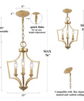 Gold Chandelier Pendant Light For Kitchen Island Dining And Living Room With Matte Gold Finish Mid Century Modern Open Frame Geometric Metal Design Featuring Three Upward Arms For A Dope Everyday Vibe, dimensions detailed.