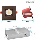 12 Pack Of 4 Inch Square Led Recessed Lights With Integrated J Box, 5Cct Dimmable Panels, Hella 1000 Lumens, Solid Two Hour Fire Rating, Total Wet Rated Bronze Trim dimensions and components