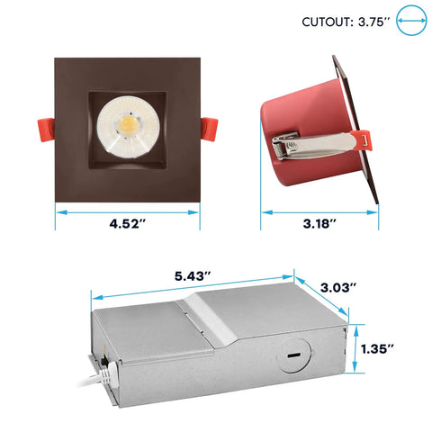 12 Pack Of 4 Inch Square Led Recessed Lights With Integrated J Box, 5Cct Dimmable Panels, Hella 1000 Lumens, Solid Two Hour Fire Rating, Total Wet Rated Bronze Trim dimensions and components