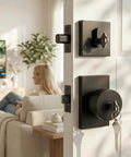 Matte Black Exterior Door Lock Set With Deadbolt, Built To Last, Front Door Knob With Lock And Key on a white interior door