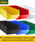 Heavy Duty Chrome Storage Shelving Unit 18 By 36 By 74 Inches With 25 Clear Bins colorful bins in various sizes for tool organization.