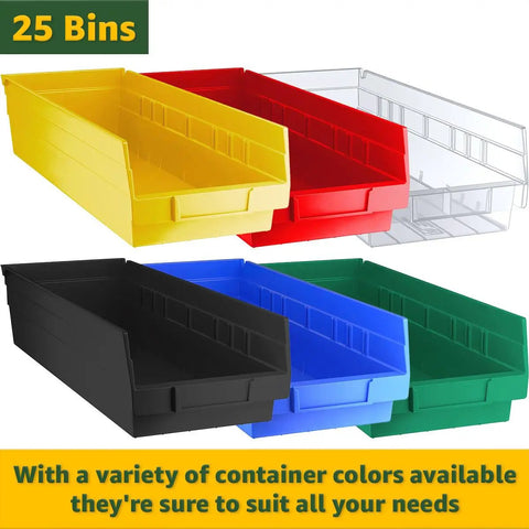 Heavy Duty Chrome Storage Shelving Unit 18 By 36 By 74 Inches With 25 Clear Bins colorful bins in various sizes for tool organization.