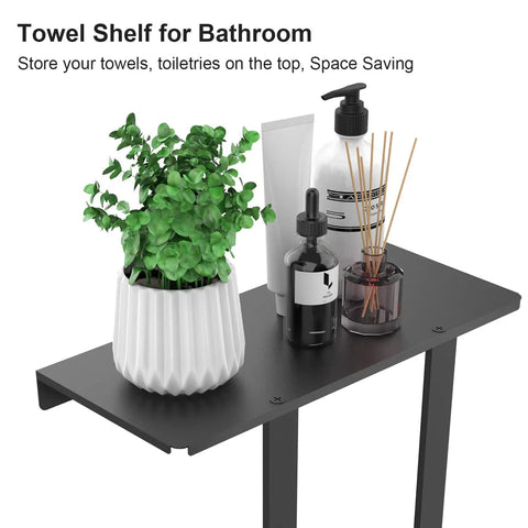 Compact Bathroom Towel Rack With Shelf And Three Hooks, black wall-mounted unit with space-saving top shelf for toiletries