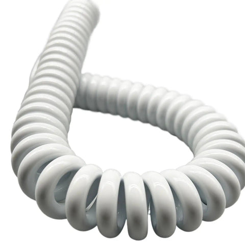 Close-up view of a Heavy Duty Coiled Power Cord 15 AWG Pure Copper Spiral Spring Extension Cable, showcasing its flexible design.