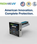 Front view of Carbon Cell Matrix HVAC UV Air Purifier with power cord, featuring a sealed carbon matrix and UV-C lamp.