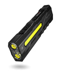 Rechargeable 1500 Lumen Pocket Flashlight With Magnetic Base And Clip for EDC, shown at an angle highlighting the LED lenses and clip.