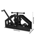 Heavy Duty Manual Tube Roller Bender With Ergonomic Handle For Rolling Round Steel Pipe Up To 1.5 Inches showing dimensions and sturdy #45 steel construction.