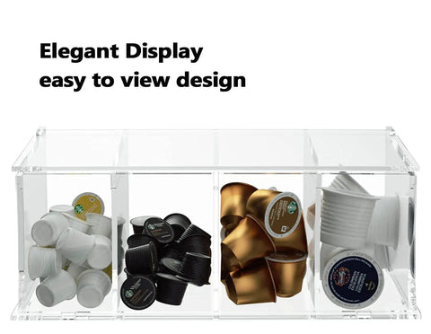 Clear Acrylic 4 Compartment Coffee Capsule Holder With Lid K Cup Organizer For Pods filled with capsules.