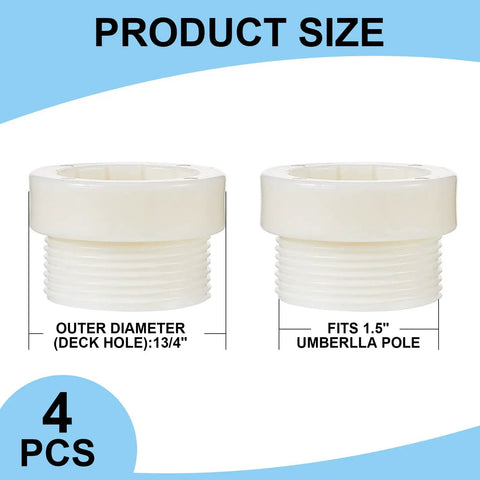 Set Of 4 White Pool Umbrella Stabilizer Sleeves With Threaded Adapters For Outdoor Patios And Decks Fits 1.5 Inch Poles Durable Weather Resistant Pole Stabilizer Inserts For Easy Plug And Play Setup, showing two sleeves with dimensions.