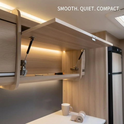 Hydraulic Flip Up Cabinet Hinge With Damping For RV Overhead Storage, Smooth No Slam Close, installed in wooden cabinet