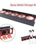 Heavy Duty Wall Mounted Spray Bottle Holder Hella Strong Steel Storage Rack For Garage Cleaning Supplies And Detailing Tools with red accents.