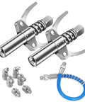 Grease Gun Accessory Kit With Two Heavy Duty Couplers Twelve Inch Flexible Tube And Nine Nipple Nozzle Ends shown
