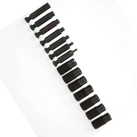 Sixteen black metal punch tips for Heavy Duty Hand Held Power Punch Kit Pro Grade Metal Hole Punch Tool With 16 Piece Accessories.