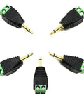 Five Pack Of 3.5Mm Ts Male Audio Terminal Block Connectors With Solderless Screw Terminals For Rapid Custom Wire Jobs Mixer Engineering And Headphone Aux Plugs, showcasing black connectors with green terminals.