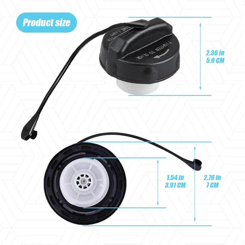 Dodge Ram Gas Cap Replacement For 1500 2500 3500 Charger Challenger Direct Fit, black ABS, dimensions shown in inches and cm