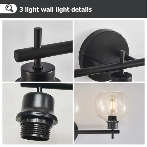 Super Stylish Modern Black Three Light Vanity Lights With Clear Glass Globe Shades Rust Resistant Matte Finish details