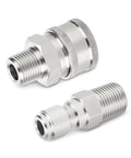 TAISHER 304 stainless steel pressure washer quick-connect adapters, 3/8 inch male, set of 2, side and end views.