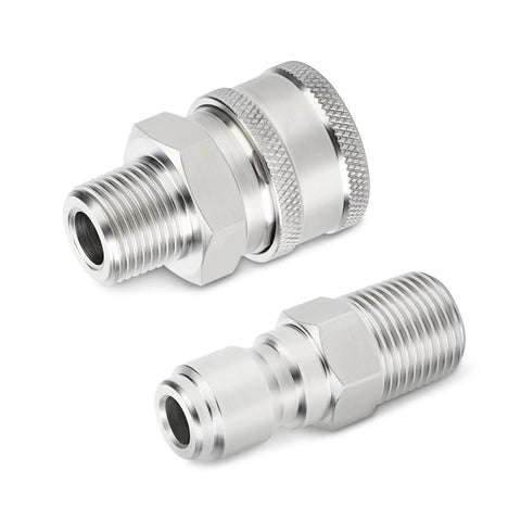 TAISHER 304 stainless steel pressure washer quick-connect adapters, 3/8 inch male, set of 2, side and end views.