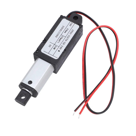 Compact 24V Electric Linear Actuator With Tiny 20mm Stroke And Nifty 20N Thrust Perfect For Sofa Recliners, Smart Windows, Or Little Robot Projects, showing aluminum tube and wires.