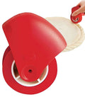Side view of red plastic pastry wheel for lattice pie crust cutting.