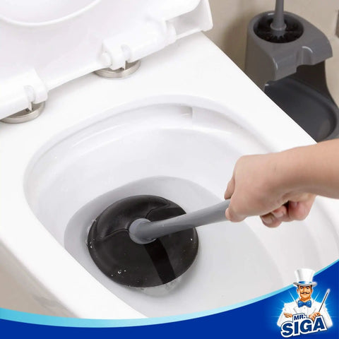 Two Pack Toilet Plunger And Bowl Brush Kit With Dual Compartment Holder, showing plunger in use inside a toilet bowl, gray set in background