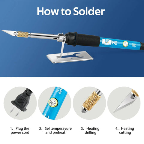 Mengmengyao Electric Hot Knife Plastic Cutter Tool For Gardening DIY Floral Pot Perforator Heat Knife With Cord Plug Quick Cutting Foam Material Plant Container Drainage Holes Home Use Accessory, showing soldering tool parts and usage steps.