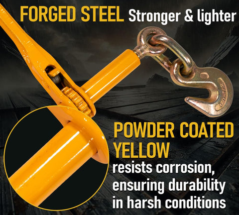 4 Pack Heavy Duty Ratchet Lever Load Binders with Grab Hooks, 12,000 Lb Working Load, powder coated yellow detail, flatbed truck