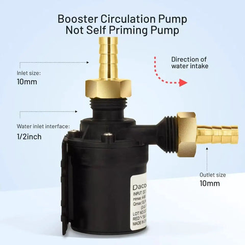 High Flow 12V DC Water Circulation Pump with Ultra Quiet Brushless Motor and half inch brass fittings, shown side view.