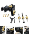 Precision Woodwork Hole Punching Locator Tool Set For Furniture Building And Diy Pros with drill bits and wood dowels.