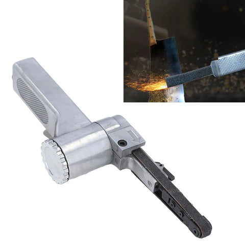 Rock Solid Quarter Inch Pneumatic Belt Sander Hella Durable Stainless Steel Handheld Angle Grinder for metal grinding.
