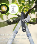 Close-up of 28 inch anvil lopper chopping thick branch, part of Three Piece Garden Pruning Tool Set With 28 Inch Lopper 23 Inch Hedge Shears And 8 Inch Bypass Pruner Beast Mode Heavy Duty Pro Grade Branch Cutters For Thick Branches Tree Trimming And Hedge Care, showing steel blade cutting capability.