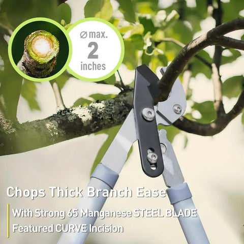 Close-up of 28 inch anvil lopper chopping thick branch, part of Three Piece Garden Pruning Tool Set With 28 Inch Lopper 23 Inch Hedge Shears And 8 Inch Bypass Pruner Beast Mode Heavy Duty Pro Grade Branch Cutters For Thick Branches Tree Trimming And Hedge Care, showing steel blade cutting capability.