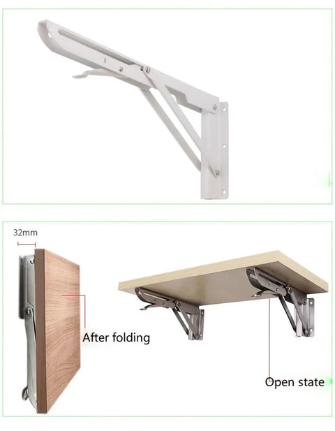 2 Pack Adjustable Triangle Folding Shelf Brackets Wall Mounted For DIY Home Bookshelf Table Bench Tools Tough Built To Last Black 8 Inch Space Saving Solution showing open and folded positions