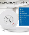 Specifications and features of a round ceiling light with energy-saving and motion sensor capabilities.