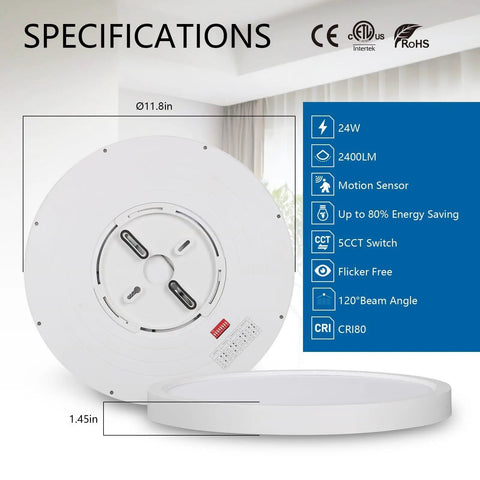 Specifications and features of a round ceiling light with energy-saving and motion sensor capabilities.