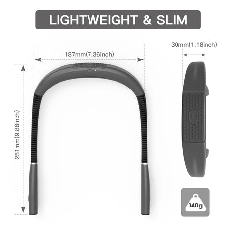 Rechargeable LED Neck Reading Light With Dual Heads, 3 Color Temperatures And 6 Brightness Levels, dimensions and weight shown.