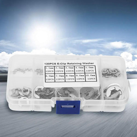E Clip Retaining Snap Ring Kit 120Pcs 304 Stainless Steel C Clips Set in plastic case, sizes 1.5mm to 10mm, displayed outdoors