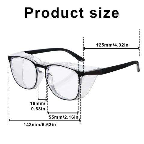 Kickass 4 Pack Clear Safety Glasses With Anti Fog Lens Guard Scratch Resistant Build And Full Wrap Side Shields For Nurses Lab Techs And Outdoor Enthusiasts size dimensions shown with measurements.