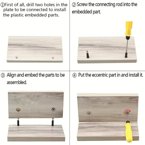 Assembly steps for Heavy Duty Cam Locks Furniture Fasteners Kit With Lock Nuts And Fittings for cabinets drawers desks DIY repair