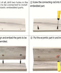 Step-by-step guide for Dope 3 In 1 Cam Lock Fasteners and Connectors DIY assembly with screws and dowels on wooden panels.