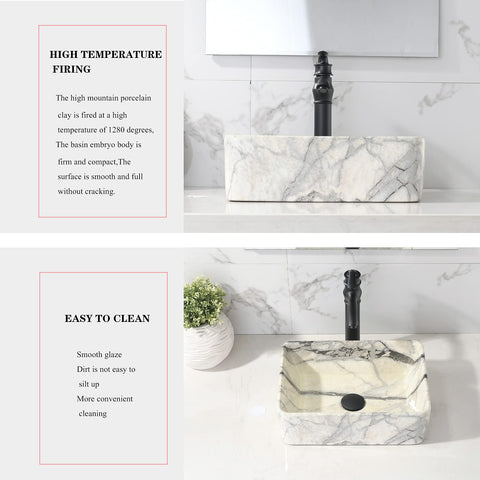 16 X 12 Inch Black And White Marble Vessel Sink And Faucet Combo For Modern Bathrooms with sleek black faucet on ceramic vanity