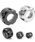 Versatile CNC ER OzNut Collet Adapter Secures Your Tooling Firmly For Smooth Rotation And Quick Assembly With Stable Clamping Power Across Er8 Er11 Er16 Er20 Er25 Er32 And Er40 Sizes Using American Made Standards. Image shows black and silver ER25UM collet adapters.
