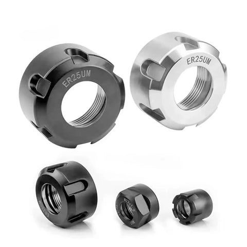 Versatile CNC ER OzNut Collet Adapter Secures Your Tooling Firmly For Smooth Rotation And Quick Assembly With Stable Clamping Power Across Er8 Er11 Er16 Er20 Er25 Er32 And Er40 Sizes Using American Made Standards. Image shows black and silver ER25UM collet adapters.