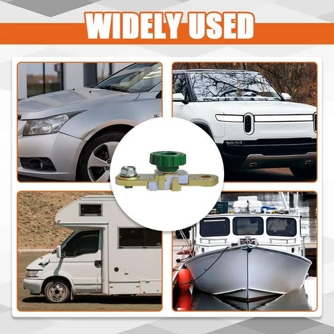 Heavy Duty Side Post Battery Disconnect Switch, Rock Solid Cutoff Toggle Master Isolator, green handle with vehicle backgrounds.