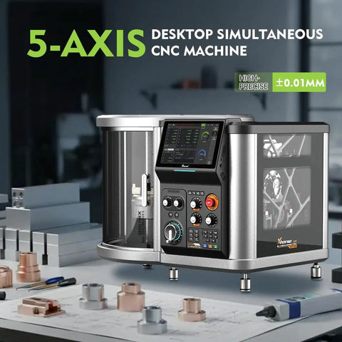 Straight Up Powerhouse Desktop 5 Axis CNC Milling Machine Equipped With Automatic Tool Changer For Heavy Duty Metal Plastic And Resin Carving Inside A Tight Compact Benchtop Workstation, showcasing a high-precision desktop CNC machine.
