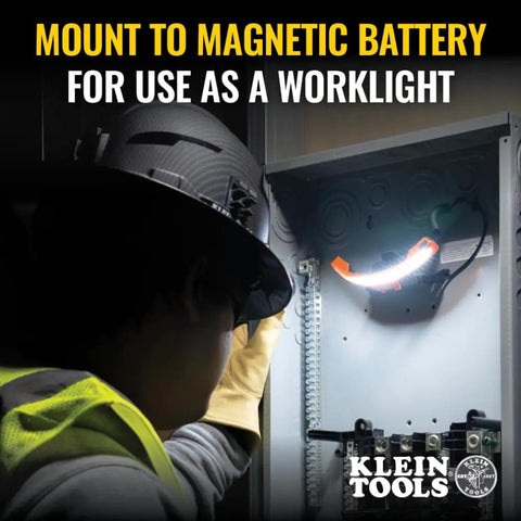 Worker uses Rechargeable LED Wide Beam Headlamp With Hard Hat Mounts For Work, 770 Lumens, inside an electrical panel.