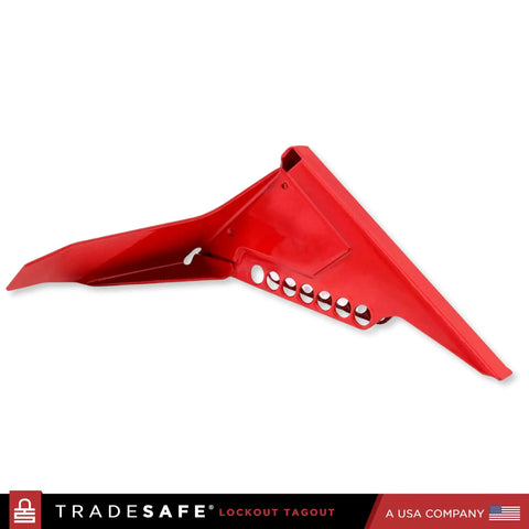 Red Ball Valve Lockout Device For 1 1/4 In To 2 1/2 In Pipe Diameters, tamper proof, impact resistant, side view