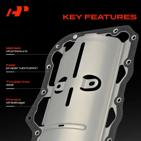 Close-up of Engine Oil Pan Gasket Set For 3.7L V6 Engines with labeled key features, black gasket border visible