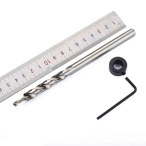 Two Pack Three Eighths Inch Pocket Hole Drill Bit Set With HSS Twist Step And Depth Stop Collar displayed with ruler and hex key