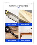 Straight Shooter Compact Orbital Belt Sander With Variable Speed Control And Stainless Steel Body For Metal Polishing Grinding And Tool Sharpening No Hassle Handheld Power Kit Built To Nail Any DIY Garage Task showing knife polishing, wood sanding, drill polishing, and home polishing.